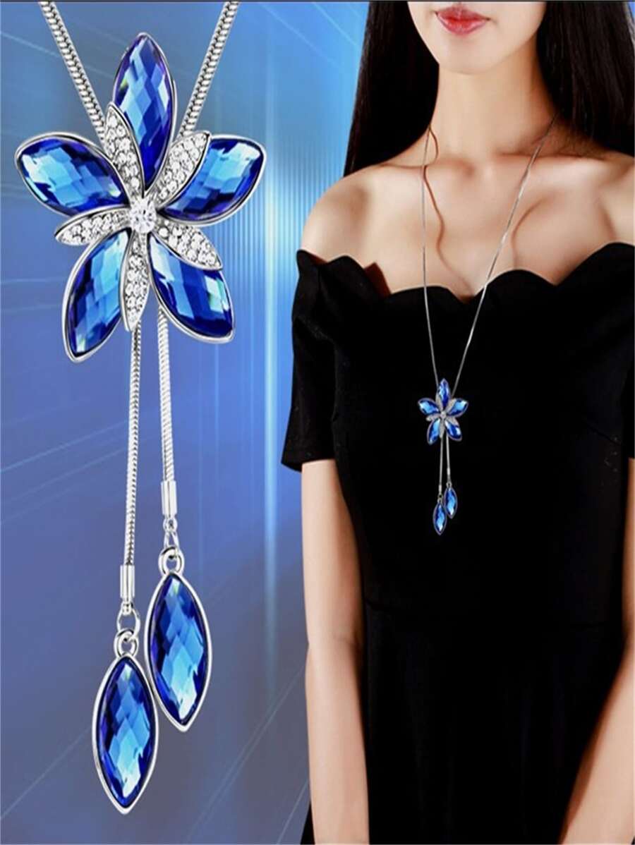 1 Stück Mode Zinklegierung Strass Blumen Dekor Y-förmige lange Halskette für Frauen als tägliche Dekoration, Valentine, Mama, Mutter, Muttertag, Geschenk