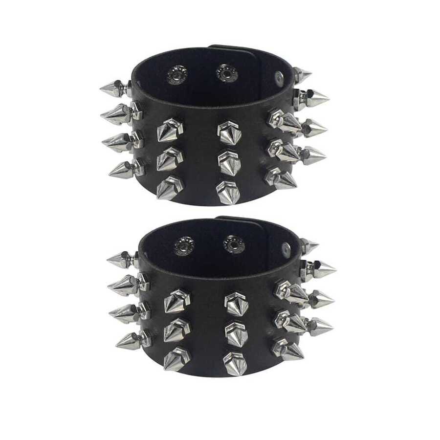 2Pcs/Set Punk Three Row Cuspidal Spikes Rivet Stud Bracelets Wide Cuff PU Leather Punk Gothic Rock Unisex Bracelet Men Jewelry Leather Bracelet Bangle