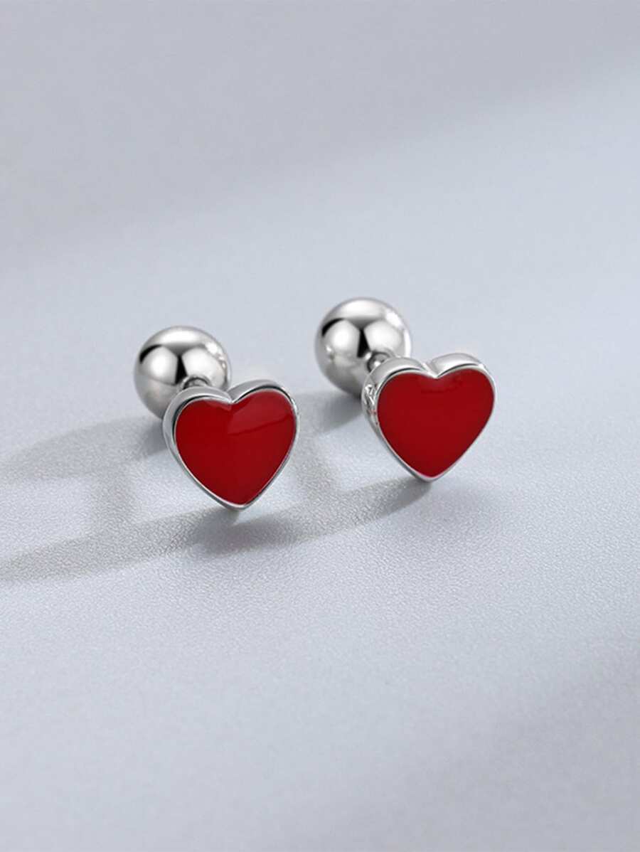 HuooNew 1 paire de boucles d'oreilles simples en forme de cœur rouge en argent sterling 925, cadeau pour les adolescentes pour la Saint-Valentin