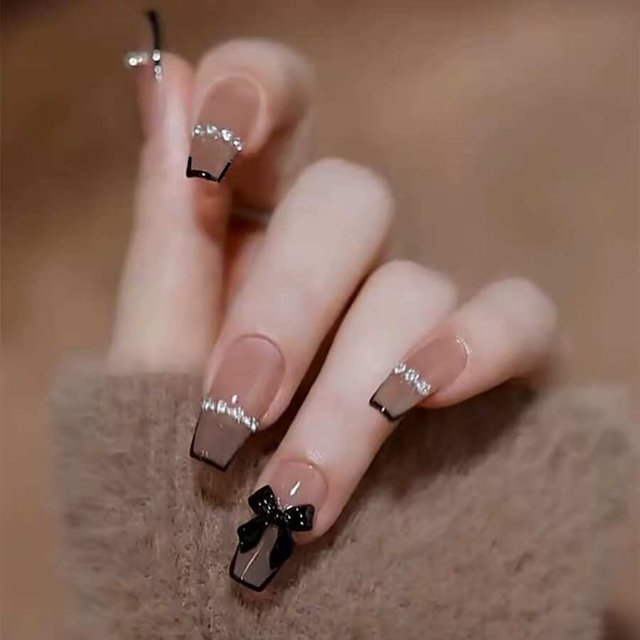 Become A Fashionable Goddess With 24pcs Long T-Shaped Black And French Link Chain With Bowknot. A Chic And Elegant Set Suitable For Daily Wear Press On Nails Nail Supplies