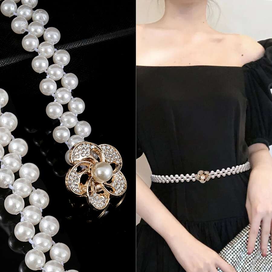 Eleganter 1 Stück Damen modischer elastischer & Kunstperlen dünner Taillengürtel mit goldfarbener Rose Kristall Schnalle für den täglichen Gebrauch, Sommer, Schule