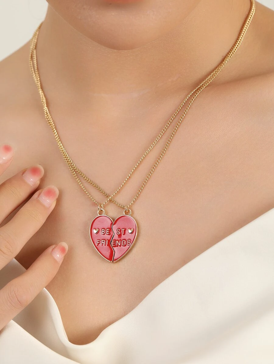 2pcs/set Fashionable Versatile Personality Friendship Necklace For Women With Metallic Heart & Rhinestone Detail, Best Friends Jewelry