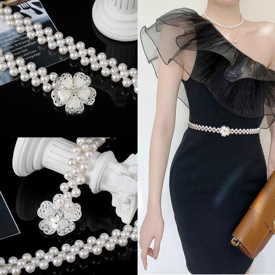 1 Stück Damen Silber Farbe Fünf-blüte Camellia & Strass Schnalle Elastischer Faux-perlen Gürtel Für Kleidung Zubehör Im Täglichen Leben Elegant