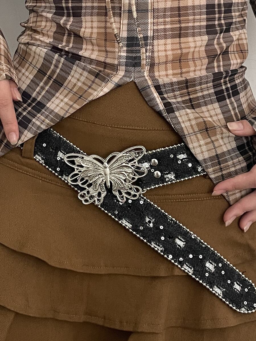 Party 1pc Women's Black Pu Material Jeans Belt With Big Round Buckle And Beads Summer, School