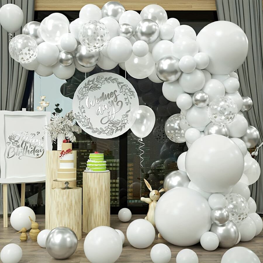 103pcs 5/10/12/18 Inch White & Silver Confetti Latex Balloon Arch Garland Kit For Gift, Birthday, Engagement, Wedding Party Decor, Back To School Valentine Day