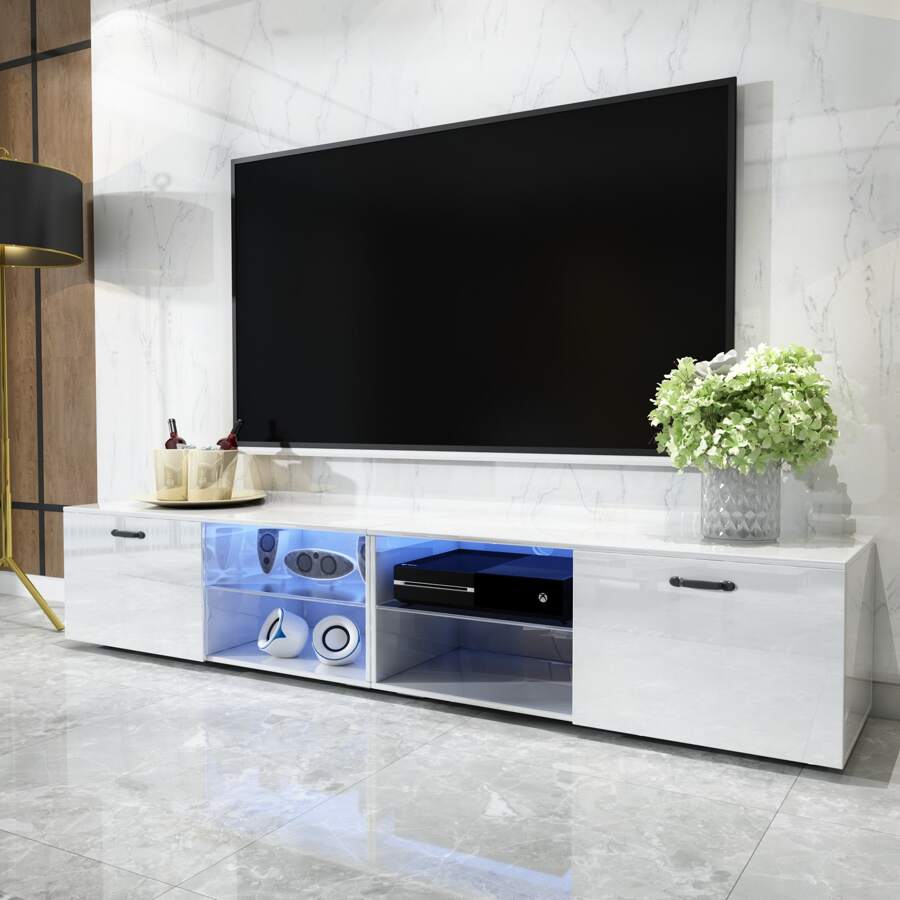 QQD LED TV Stand UV High Glossy Entertainment Center Modern TV Stand For Up To 85 Inch TV Television Stands With LED Light Gaming Media Cabinet For Living Room Bedroom