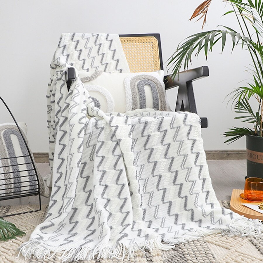 1pc Knitted Wave Stripe Blanket, Nordic Style Acrylic Hollow Out Rectangular Fringed Throw For Nap, Office, Sofa, Bed