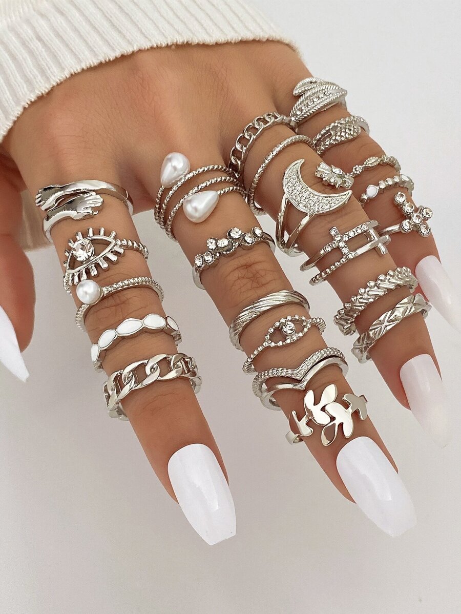 23 Pcs Metal Ornate Faux Pearl Cross Heart Shape Eyes Star Crescent Moon Ring Set For Women