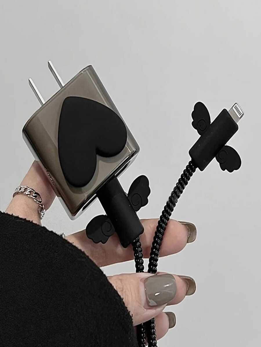 Cabeça De Carregamento Proteger Caso Capa + Cabo + Enrolladores De Silicone Padrão Do Amor Coração Telefone Cahrger Para