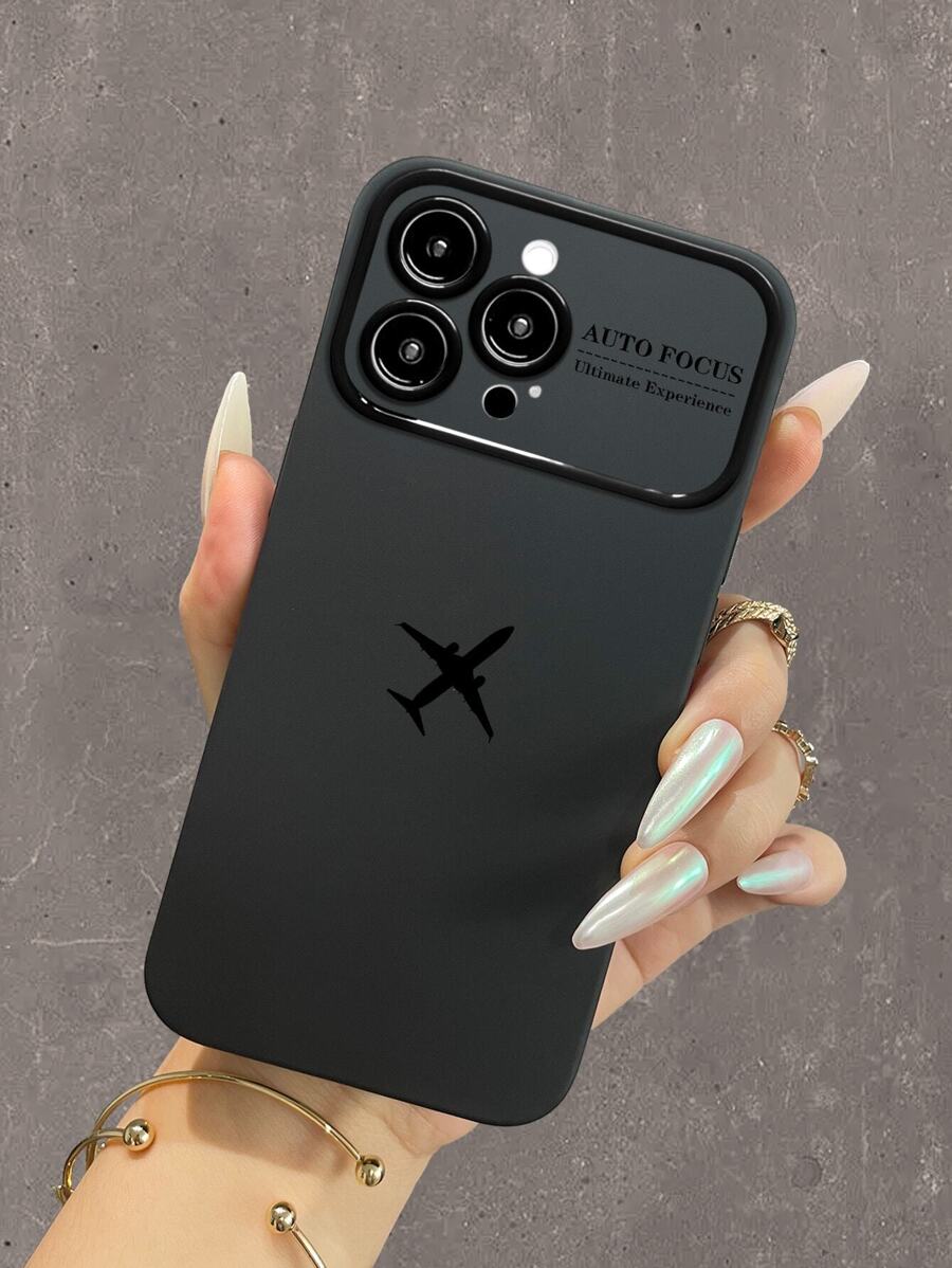 1pc Large Window Black Protective Soft Case With Airplane Print Anti-Fall Phone Case Full Edge Cover Simple Personalized Design For Men And Women Compatible With Iphone11/12/13/14/7/8/Se/7plus/8plus/X/Xs Max/Xr/11pro/12pro/13pro/14pro/11promax/12promax/13promax/14promax/14plus