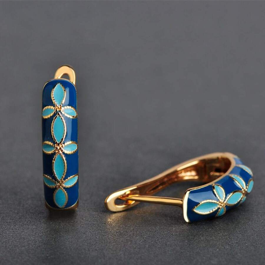 Modische blaue Blumen Muster Emaille Kupfer Ohrringe für Frauen Mädchen Party Bankett Ohrringe in Goldfarbe süße Accessoires Geschenk