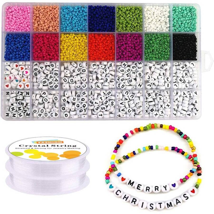 5000pcs 3mm Small Glass Seed Beads And Letter Beads Set For Women's And Girls' Jewelry Making, With 0.8mm Bracelet String Included