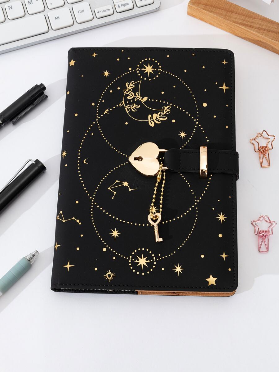1 Pieza Cuaderno Con Candado En Forma De Corazón Negro, Diario Minimalista Multifuncional De Negocios De Oficina