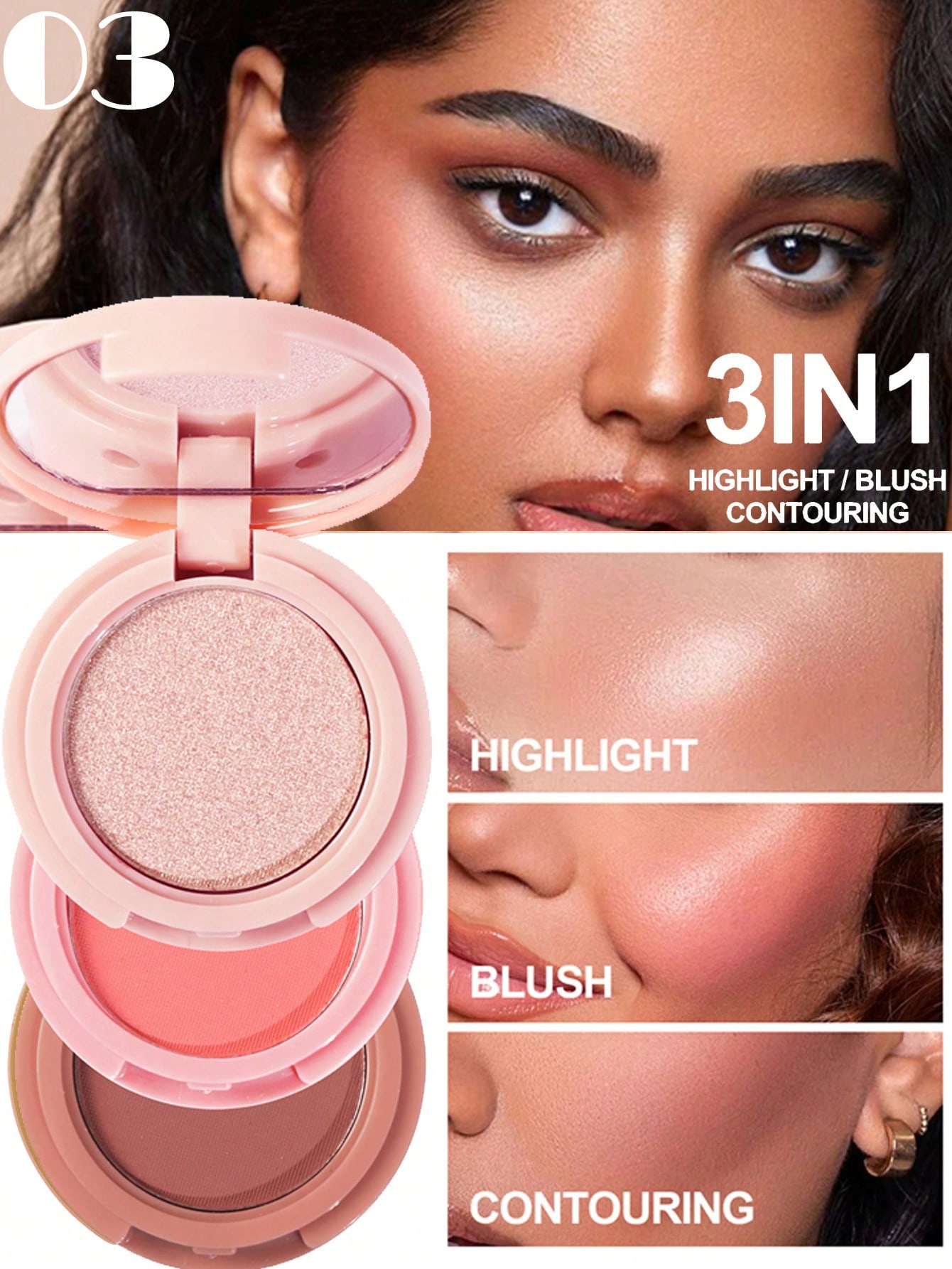 Blush and Highlighter Kit, 3 in 1 Makeup Pressed Powder Palette Shimmer