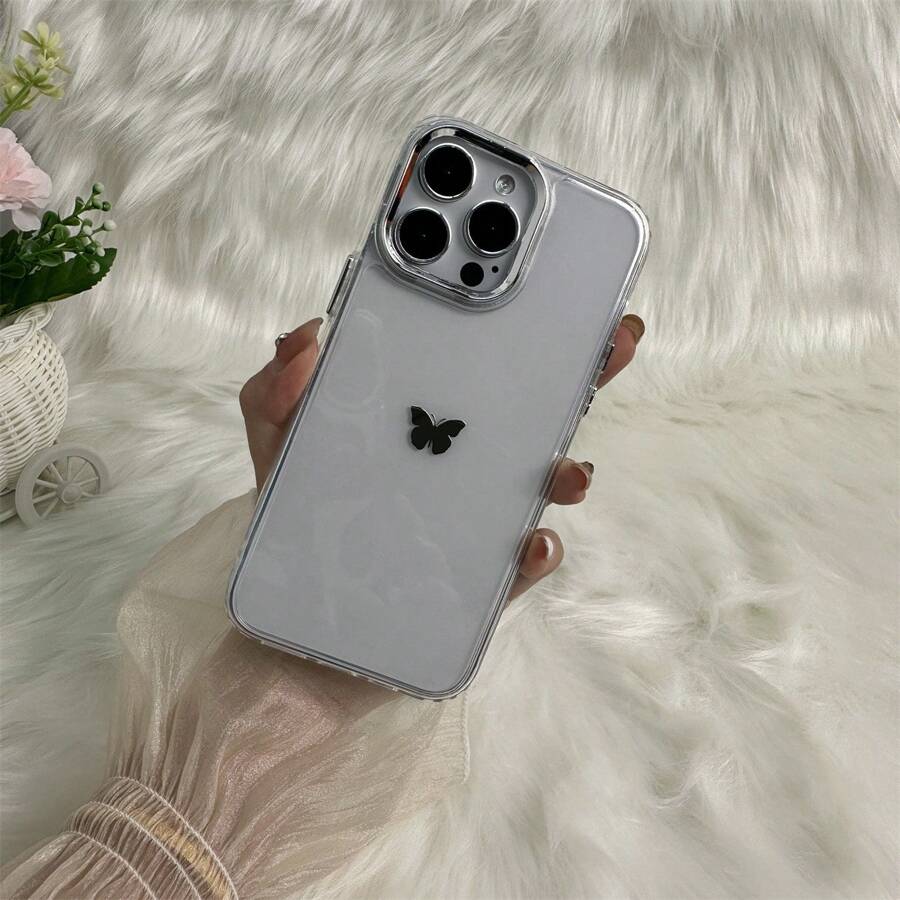 1pc Anti-Drop Tpu Phone Case With Transparent Electroplated Buttons/Camera Protection & Silver Butterfly Stickers Compatible With IPhone15/15Plus/15Pro/15Promax