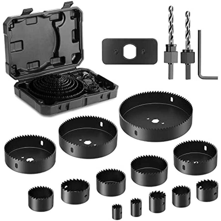 HYCHIKA Hole Saw Set With Case, 19 Pieces Hole Saw Bit With 3/4-5inch Saw Blades, 2 Mandrels,2 Drill Bits,1 Installation Plate,1 Hex Key, Hole Saw Kit For Soft Wood, Plywood, Drywall, PVC