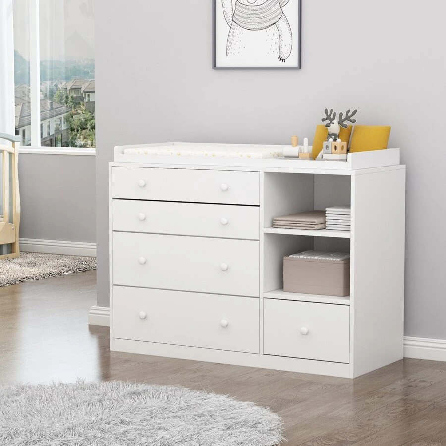 Large Modern Wood Nursery Storage Dresser Chest with Wide Table Top, 5 Drawers & 2 Shelves, Wide Storage Space Functional Organizer