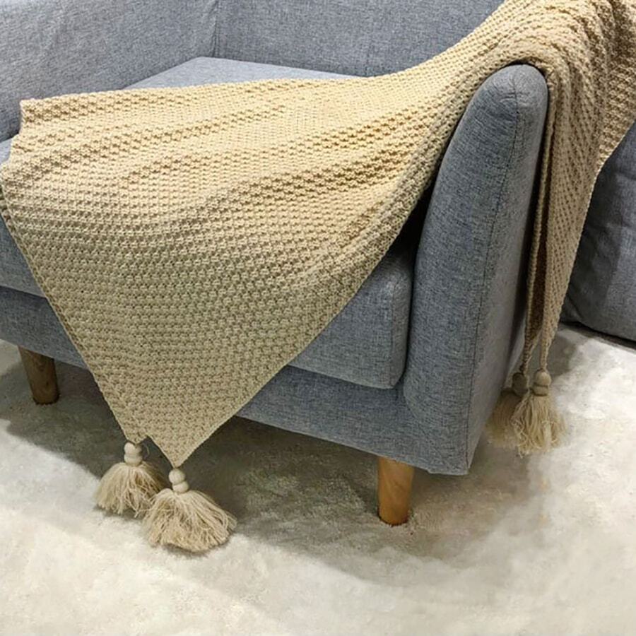 1 Pieza Manta De Punto Con Flecos Para Sofá, Siesta Y Aire Acondicionado, Estilo Casual