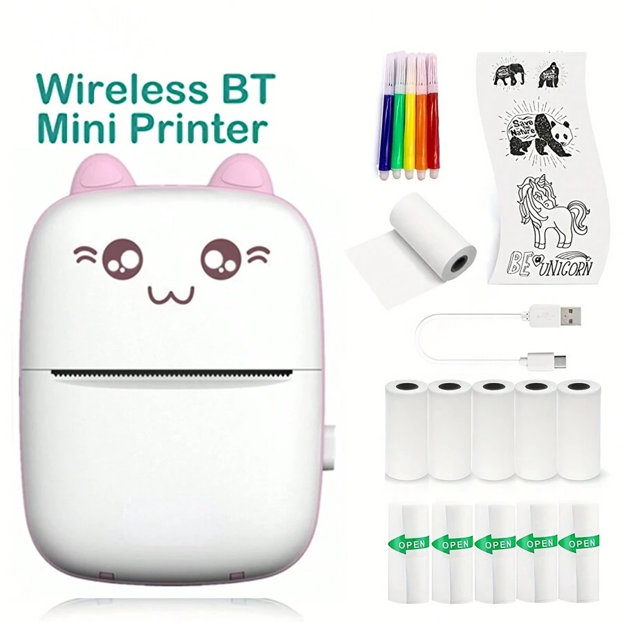Mini Thermal Inkless Printer with 10Rolls Papers Portable Wireless Smart Pink Printer for Photos, Receipts, Labels