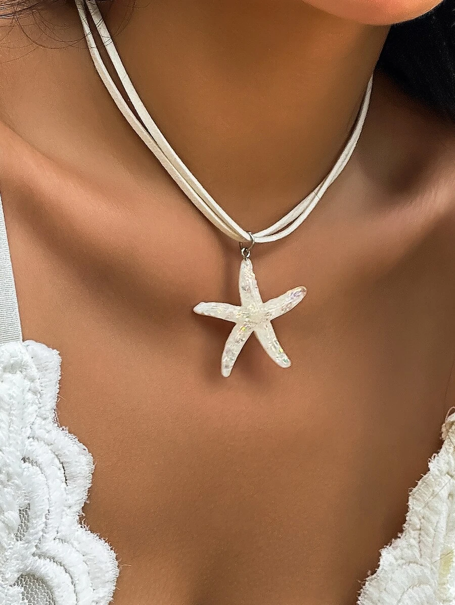 1 Colar De Várias Camadas Com Pingente De Resina De Estrela Do Mar E Concha Arco-íris Boêmio, Adequado Para Uso Diário Em Mulheres E Meninas