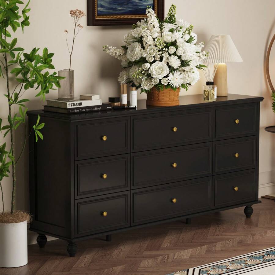 White Chest of Drawers 9 Drawer Chest Dresser Wood Dresser with Wood Leg & Gold Handles, for Bedroom Closet ( Assembly required )