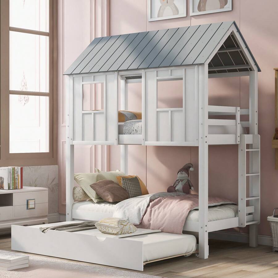 Nestfair Gray/White Twin Over Twin House Bunk Bed With Trundle And Roof