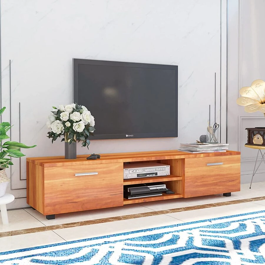 QQD TV Stand With UV High Glossy Front Modern Entertainment Center TV Stand For 65 70 Inch TV Television Stands With 2 Doors Media Cabinet For Living Room Bedroom