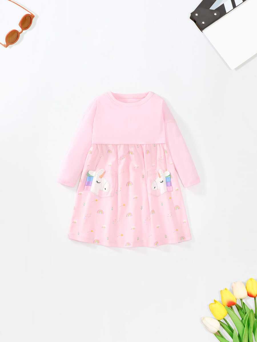 Young Girls' Unicorn Embroidery Long Sleeve Casual Dress For Outings