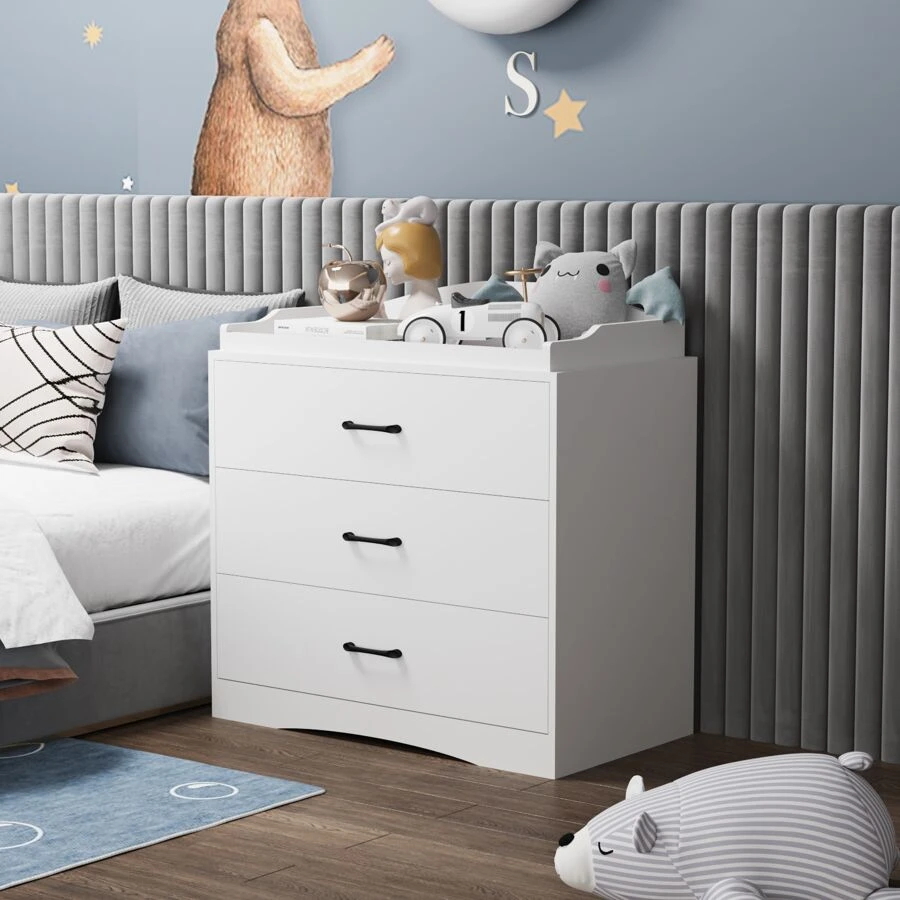 Small Modern Wood Nursery Storage Dresser Chest with Wide Table Top & 3 Drawers, Wide Storage Space Functional Organizer