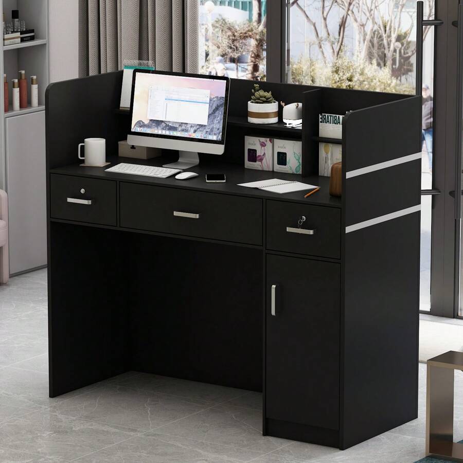 Reception Desk with Counter, 3 Drawers & Storage Shelves, Reception Counter Table with Private Panels, for Salon Reception Room Checkout Office (47.3" W x 18.3" D x 43.3" H)