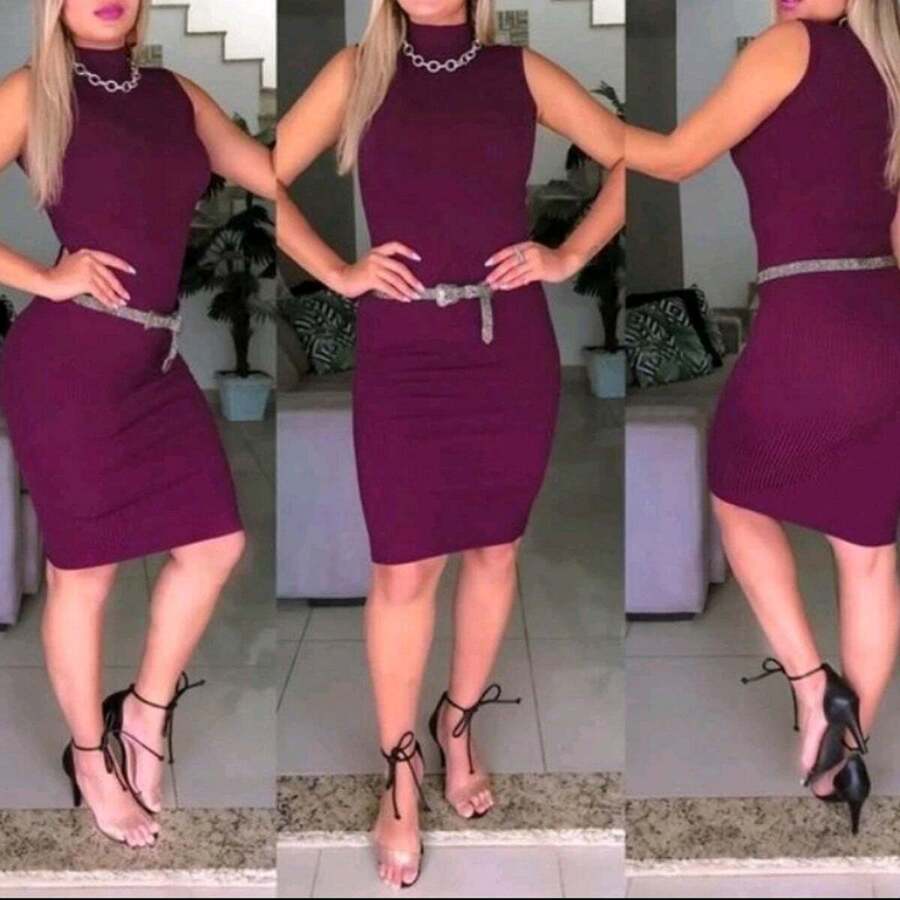 Vestido Canelado Feminino Midi Gola Alta Malha Canelada