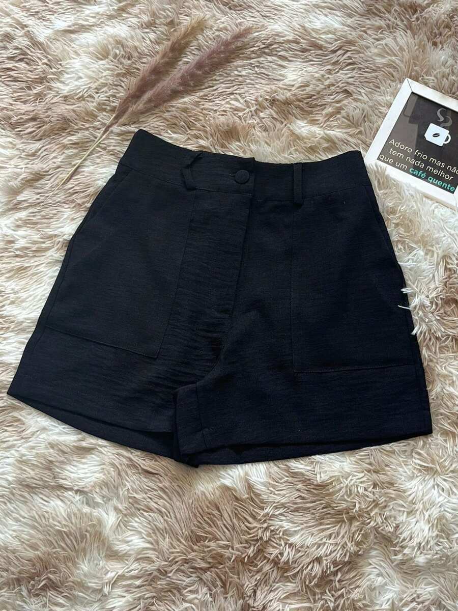 Short Feiminino linho cintura alta casual todos combinam simples ziper com Bolso e Botão