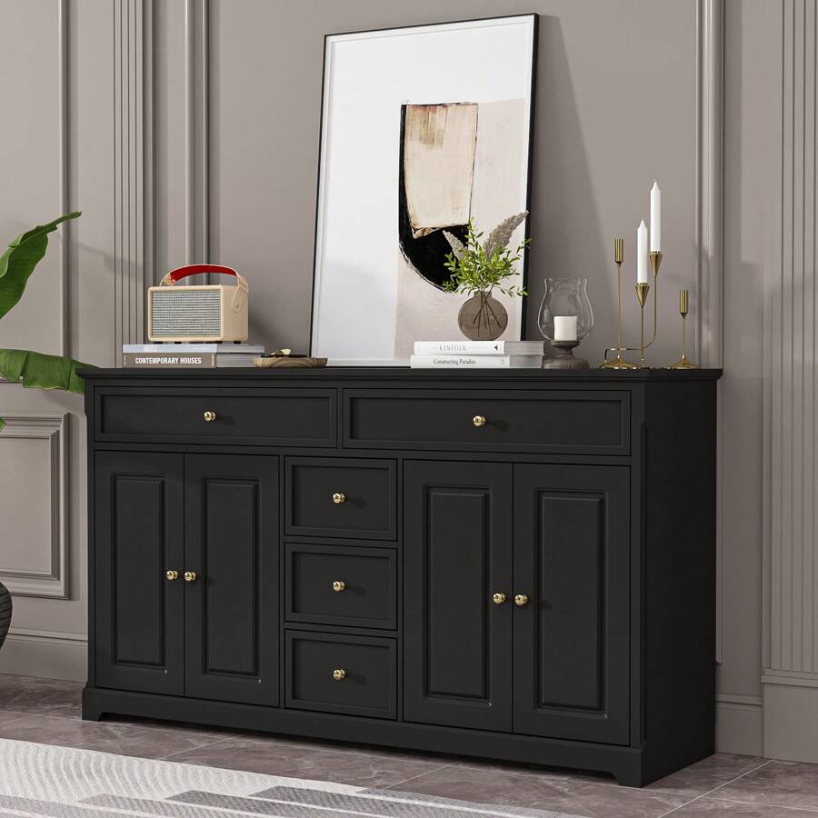 Buffet Cabinet Storage Kitchen Sideboard Farmhouse Buffet Server Bar Wine Cabinet with 5 Drawers & 4 Doors, Console Table for Dining Living Room Cupboard