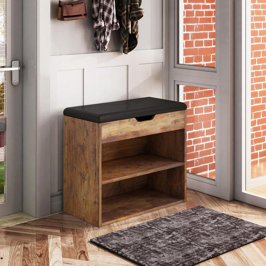 Shoe Rack Bench with Cushioned Top,3 Tier Wooden Storage Bench, Shoe Organizer or Entryway Bench for Entryway Hallway Living Room and Corridor