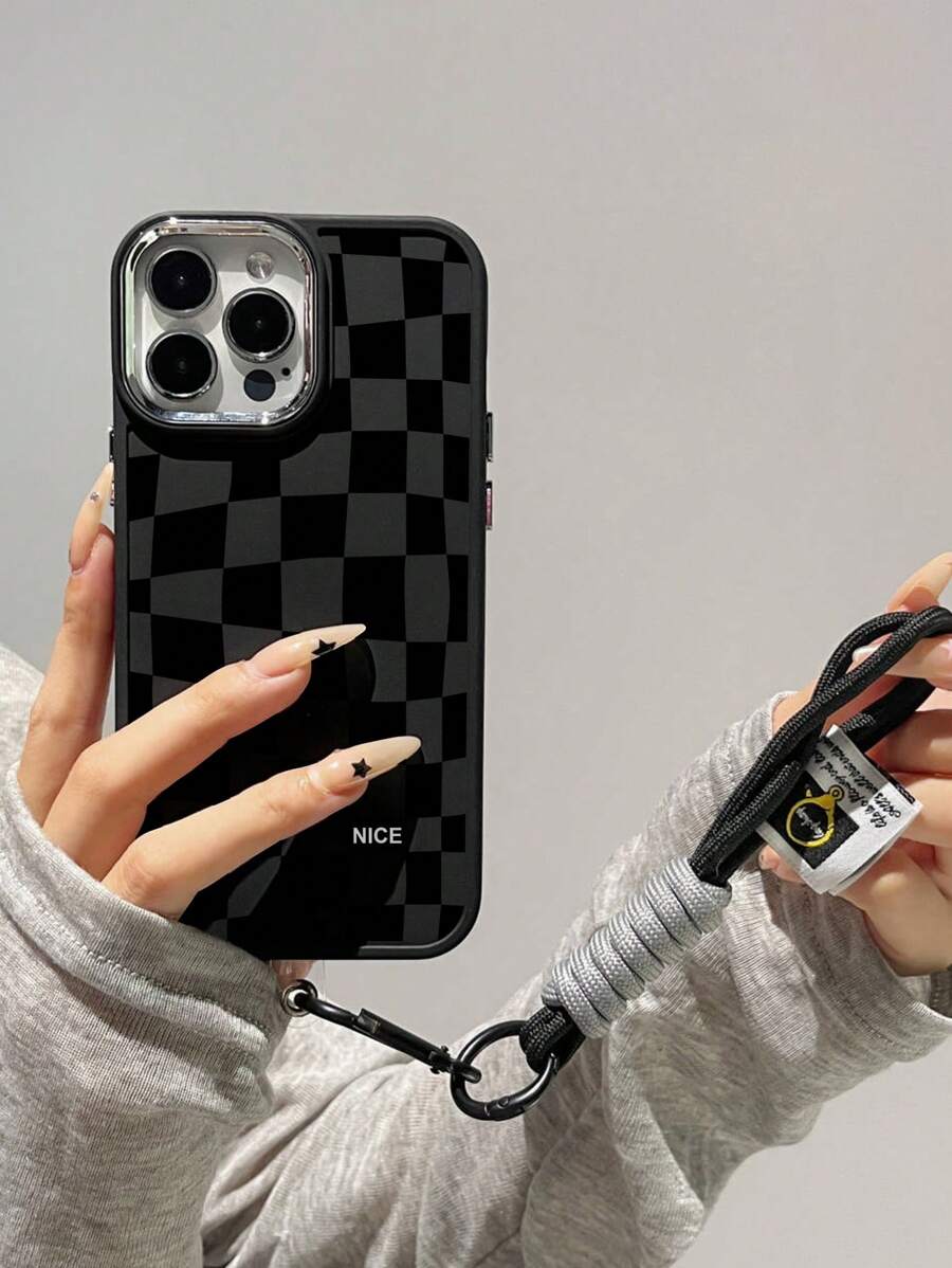 Apple Phone Charm 1pc Black Matte Surface Metal Phone Case With Electroplated Camera & Buttons + 1pc Iphone Compatible Nylon Braided Rope Hand Strap