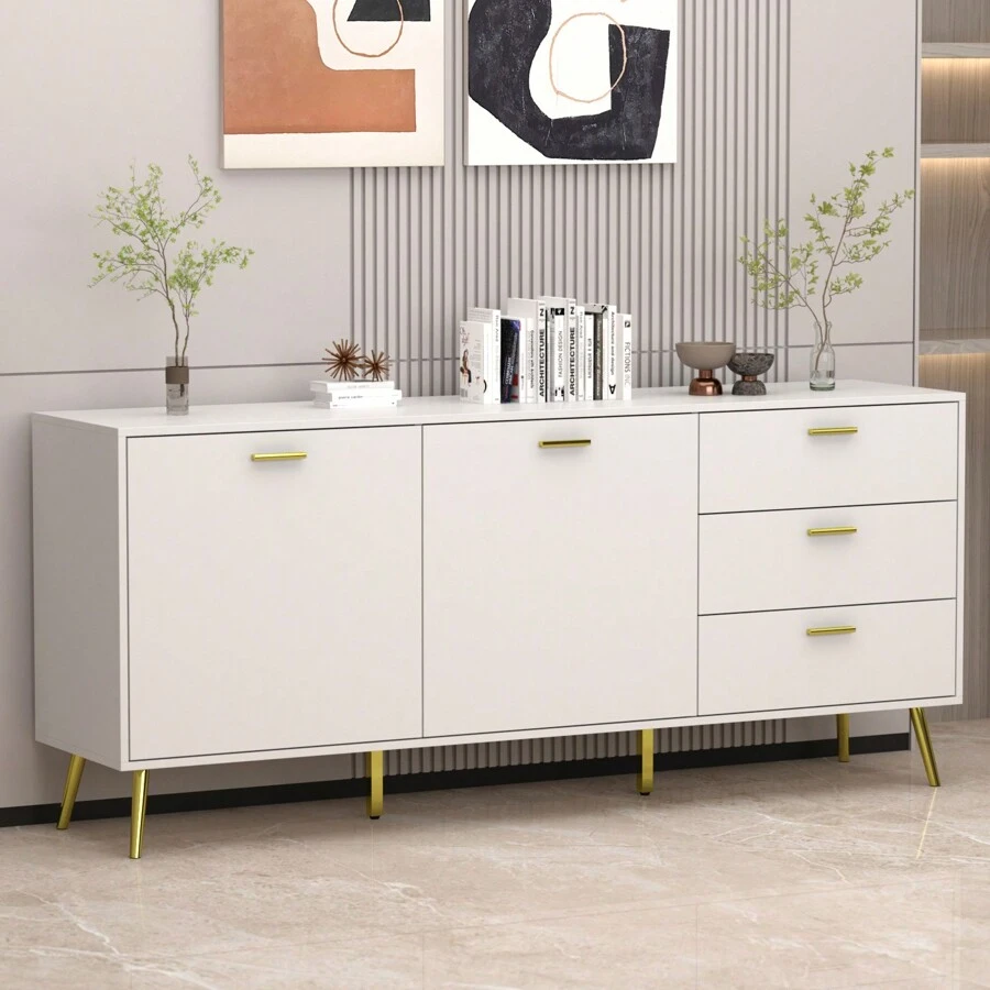 Buffet Sideboard with 3 Drawers & 2 Doors Storage, Buffet Cabinet Sideboard Credenza Coffee Bar Cabinet, Metal Legs, for Dining Room and Living Room (62.9”W x 15.7”D x 27.5”H)