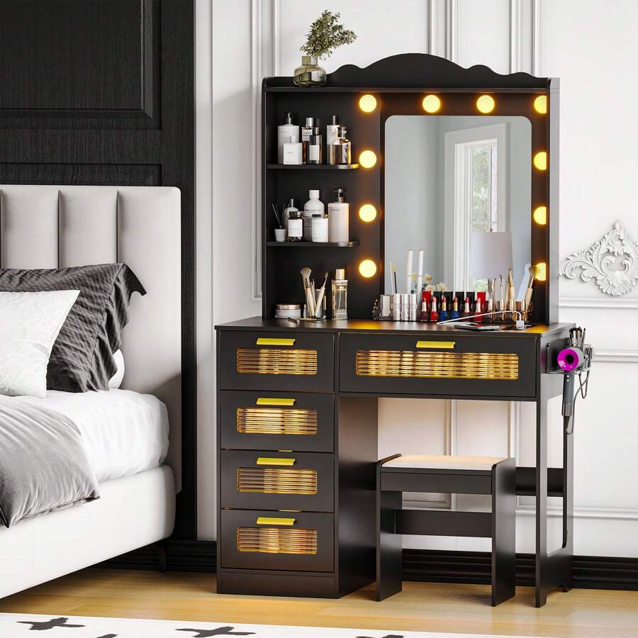Lvifur LED Makeup Vanity Table with Charging Station,Vanity with AC Outlets & USB & Type-C Ports,4 Drawers,Hair Dryer Rack,Make Vanity Desk with 3 Color Light Bulbs Mirror via Touch Screen