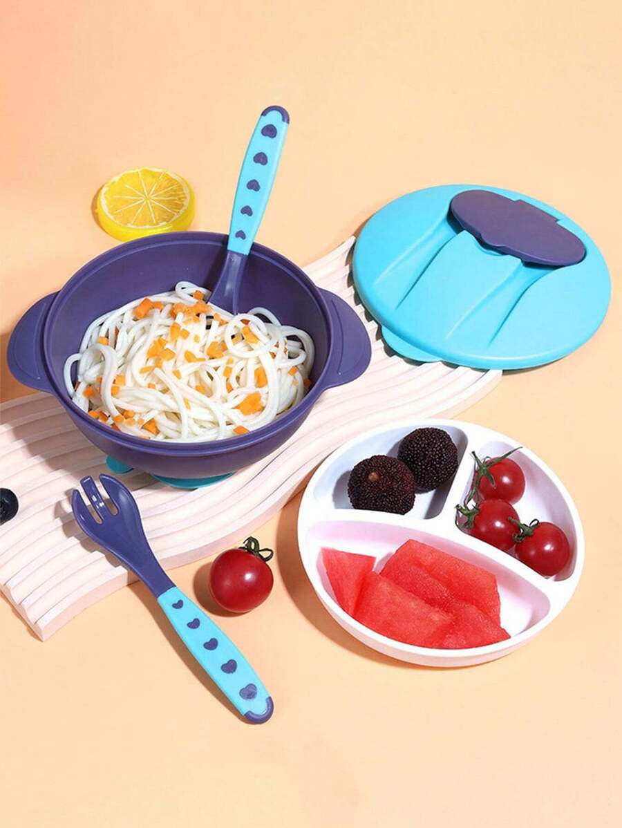 Set de 6 piezas de vajilla portátil y linda para niños, adecuada para usar en casa, interior, exterior y viajes, incluye plato dividido, tazón, tenedor, cuchara, taza de silicona con ventosa, cubriendo las necesidades de alimentación de los bebés durante los viajes, apta para lavavajillas