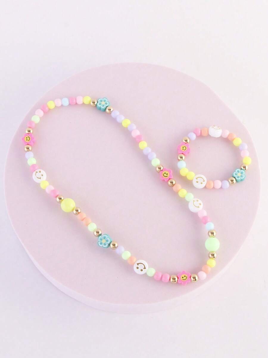 Fashionable And Adorable Kids' Acrylic Beaded Bracelet And Necklace Set With Polymer Clay Flowers And Faces Perfectly Combined
