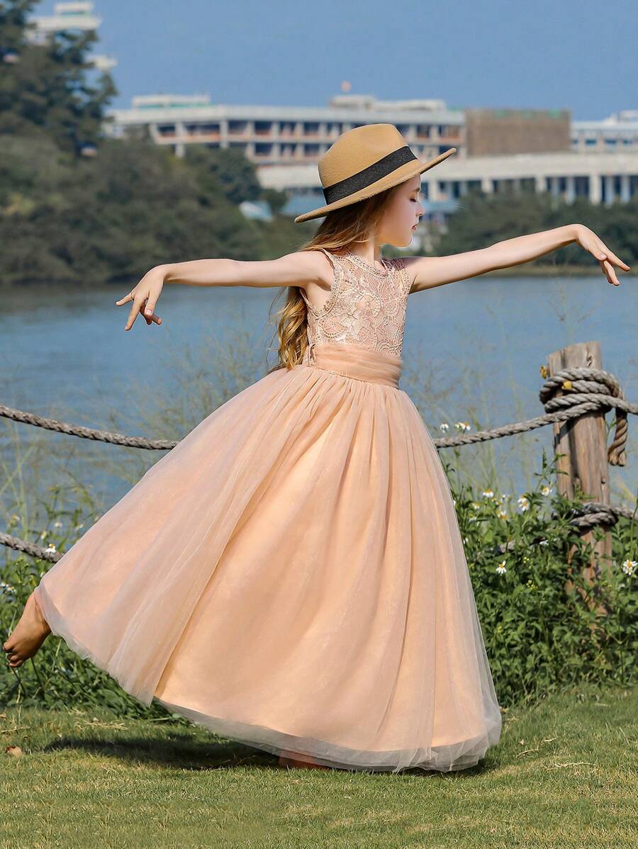 Vestido formal sin mangas de niña preadolescente con contraste de encaje champán y malla, para boda/niña de las flores