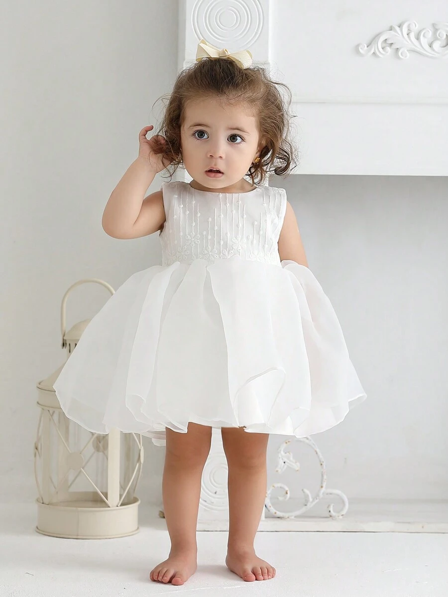 Infant Baby Girls' White Tulle Dress For Wedding, Birthday Party Or As Flower Girl