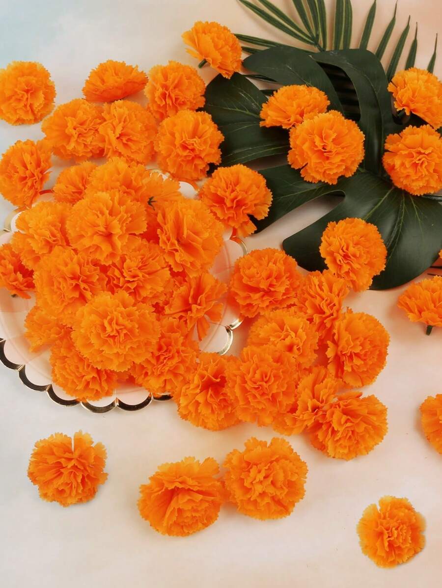 30Pcs/Set Or 6Pcs/Pack Artificial Marigold Flower Heads Orange Plastic Faux Flower Bulk Bunch Fake Halloween Artificial Carnation Flower For Funeral Arrangements, Wedding Bouquets, Cemetery Wreaths, Party Birthday Decoration, DIY Crafts Rama Decoration Rama