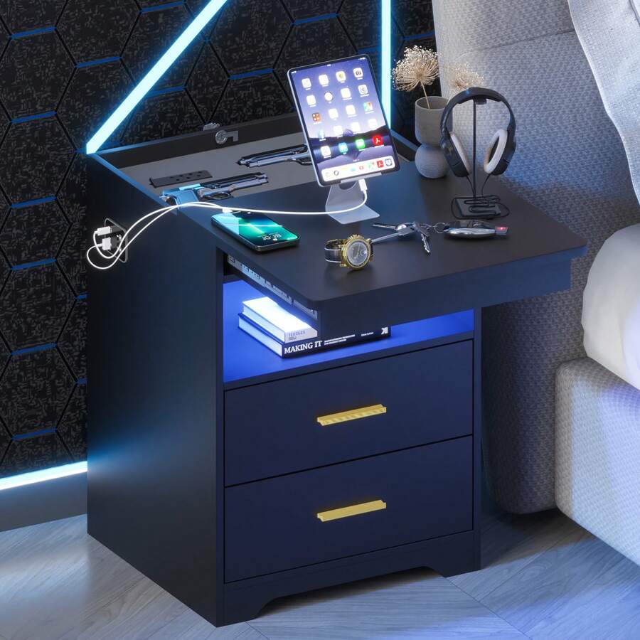 Lvifur Nightstand with Charging Station and USB Port, Night Stand Side Table with Auto Sensor LED 3 Color Dimmable Gun Shelf with Lock, Modern Bedside Table for Bedroom Furniture