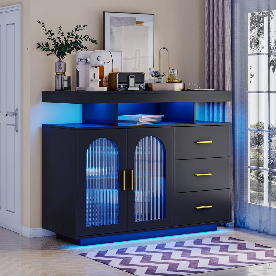 Lvifur 40" LED Buffet Cabinet with Wireless Charging Station,Auto Sensor RGB 20-Color Dimmable Sideboard with Human Body Induction,Coffee Bar Cabinet with 1 USB&Type-C Port for Living Room