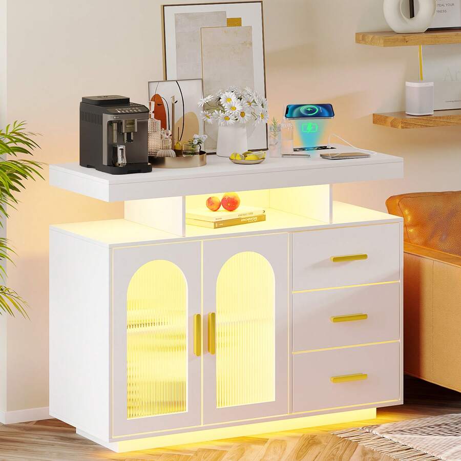 Lvifur 40Inch LED Sideboard Buffet Cabinet with Wireless Charging Station, Auto Sensor Sideboard with Dimmable 24 RGB Colors Light, Coffee Bar Cabinet for Kitchen, Living Room, White