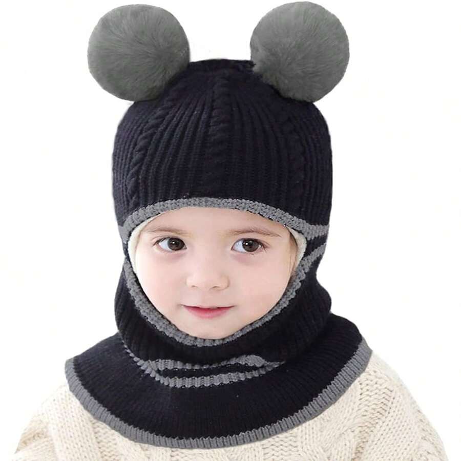 Sombrero de lana con bolas de lana acolchado y forrado térmico, versión coreana, bufanda cálida para niños y niñas, gorro de protección para invierno