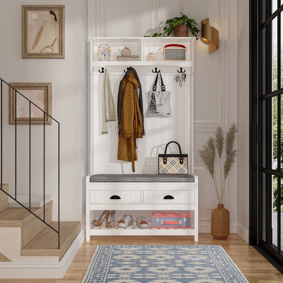 Tall Hall Tree with Storage Bench, 4-in-1 Entryway Bench with Cushioned Pad, Drawer & Hanging Hooks, White (34.3" W x 16.5" D x 68.5" H)