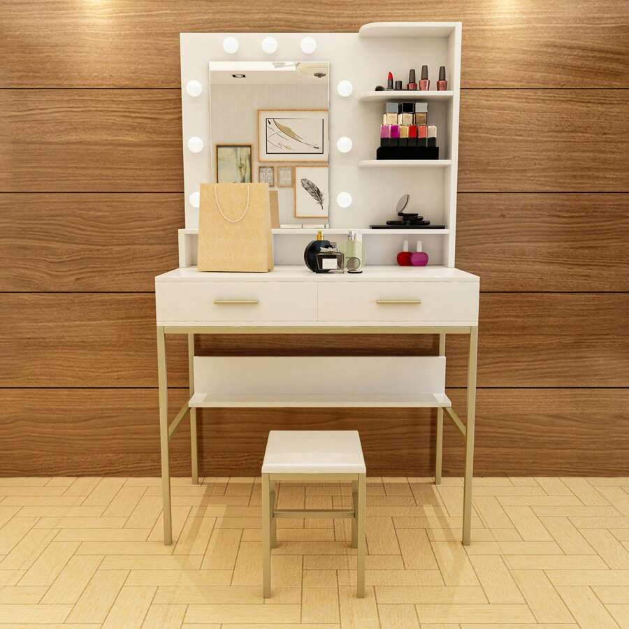 JOYSOURCE Large Vanity Set with Lighted Mirror, 9 Lights Bulbs, Makeup Vanity Desk with Drawers, Gold-White Vanity Table Set with Cushioned Stool, Makeup Table for Women, Girls, Bedroom