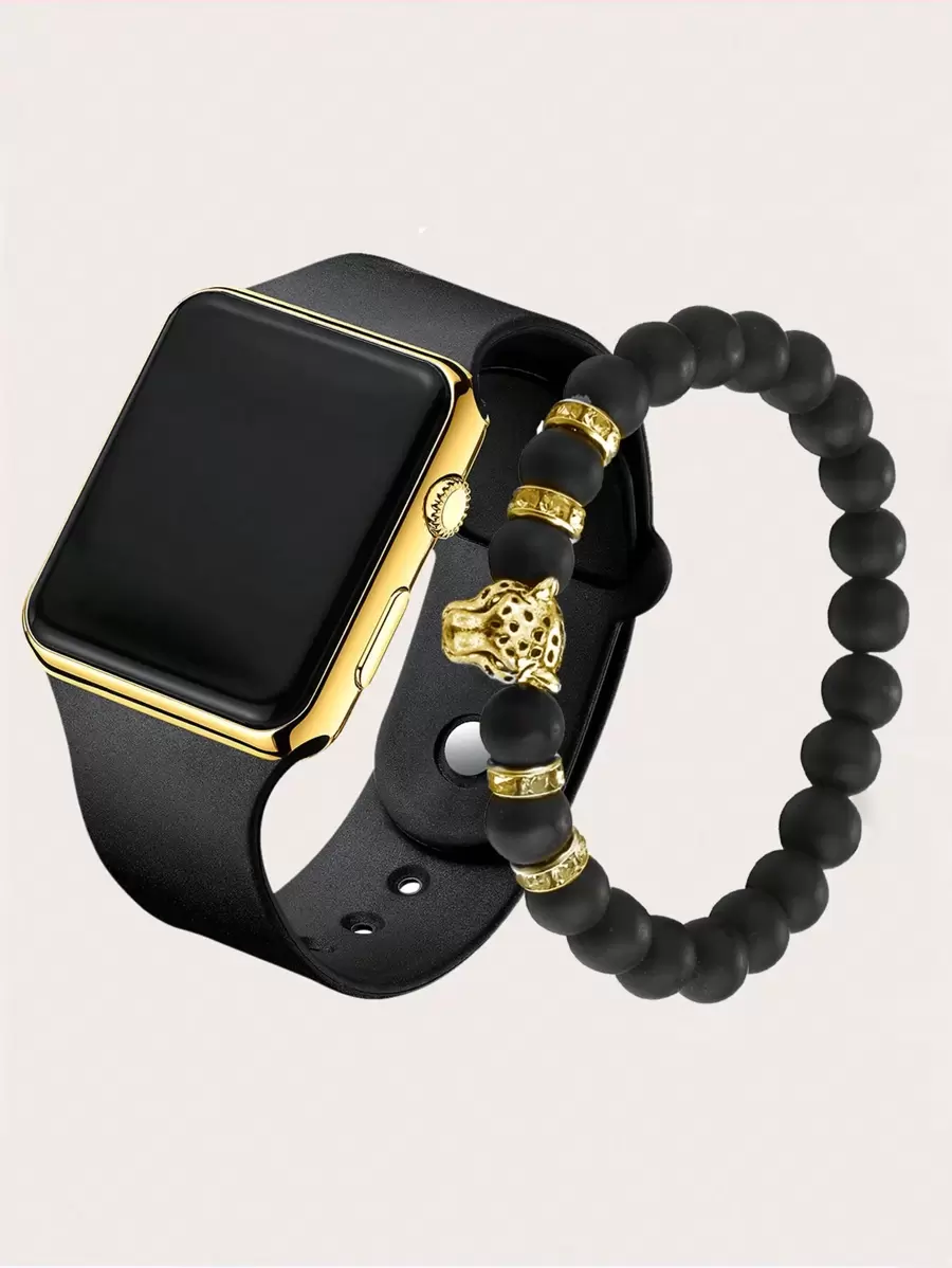 2pcs Casual Sports Led Electronic Watch & Lion Head Shaped Bracelet Set As A Gift For Students Returning To School