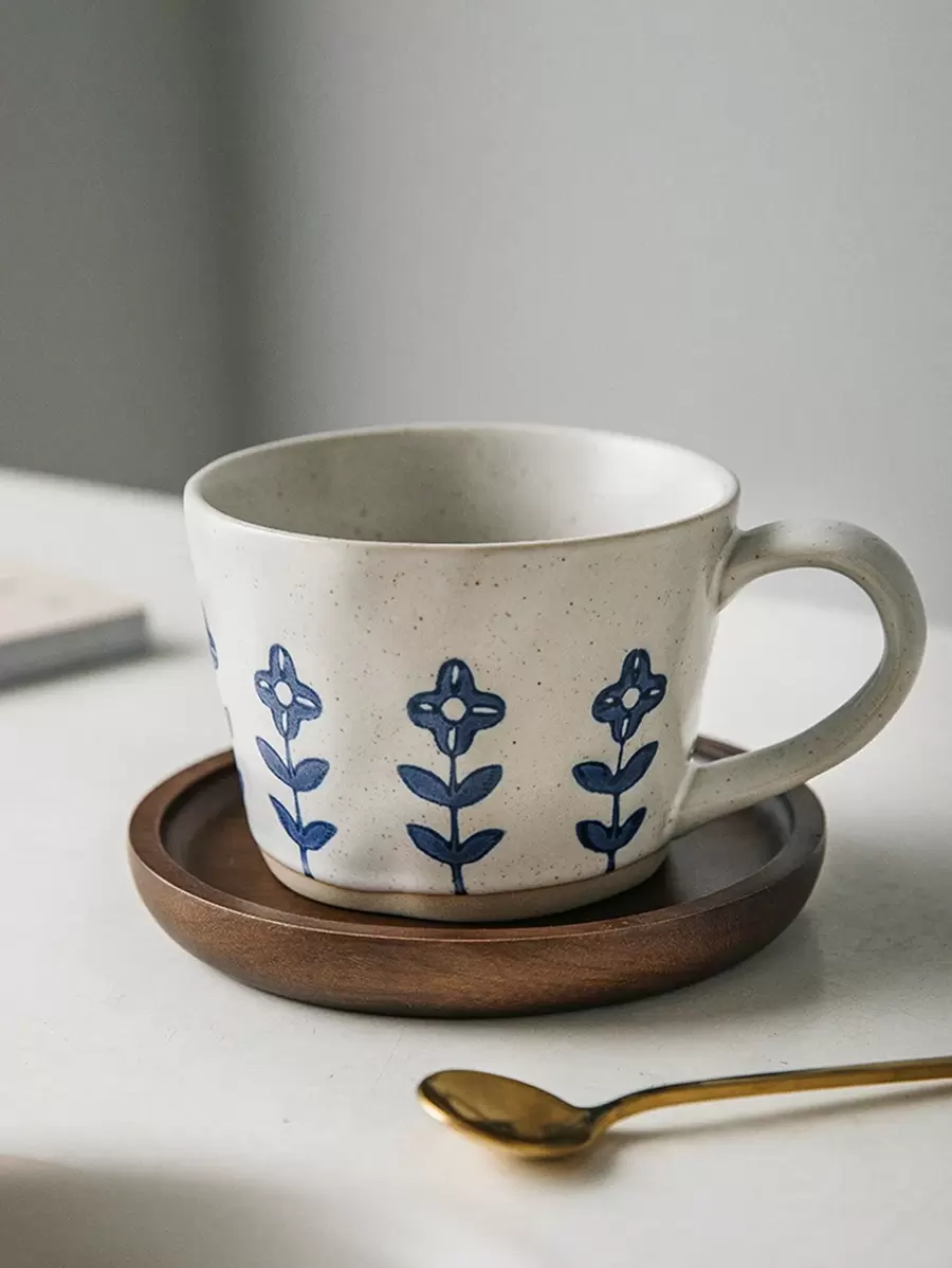 1 pièce Set de tasse à café en céramique, Tasse en céramique et Sous-tasse en bois, Convient pour un usage domestique et au bureau, Un excellent cadeau pour les amis à la rentrée scolaire